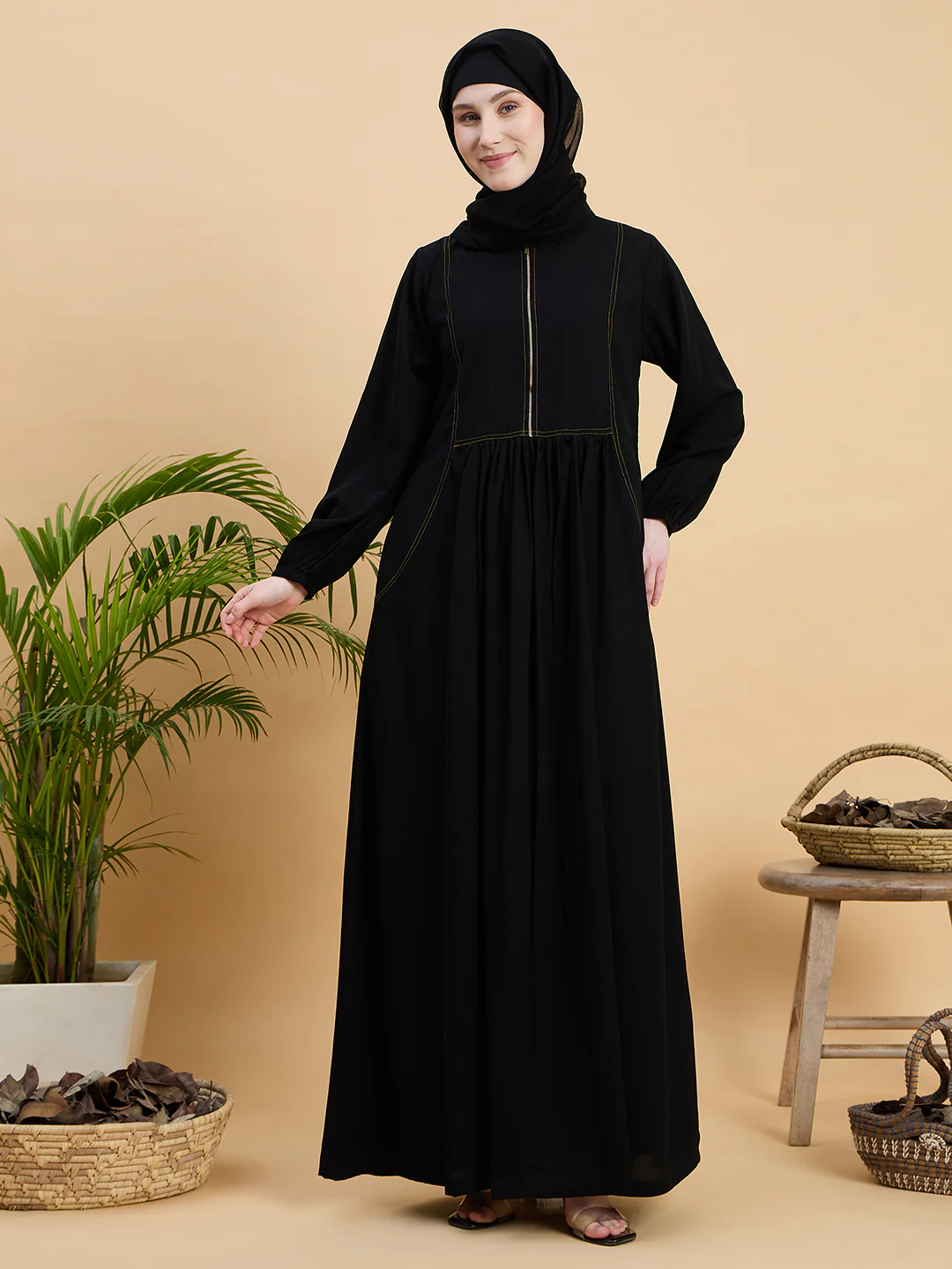 Black Solid Zip Abaya Burqa with Black Georgette Hijab