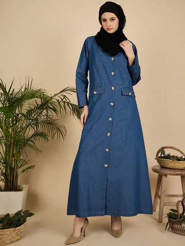 Blue Denim Front Open Abaya Burqa for Women with Georgette Hijab