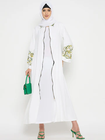 White Rayon Front Zip Closure Abaya Burqa with Black Hijab