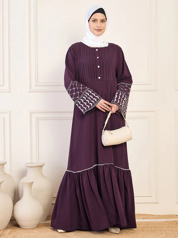 Nabia Kefiyyeh Embroidery Purple Abaya with White Georgette Hijab