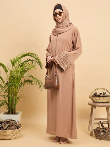 Modest Handworked Luxury Beige Abaya Burqa with Matching Hijab - Image 3