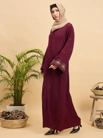 Modest Handworked Luxury Maroon Abaya Burqa with Beige Hijab - Image 3