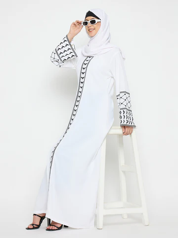 Nabia Kefiyyeh Embroidery White Abaya Burqa with Black Hijab