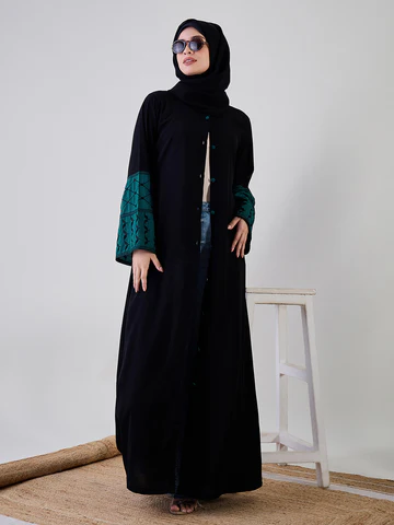 Nabia Kefiyyeh Embroidery Black Front Open Abaya with Black Georgette Hijab