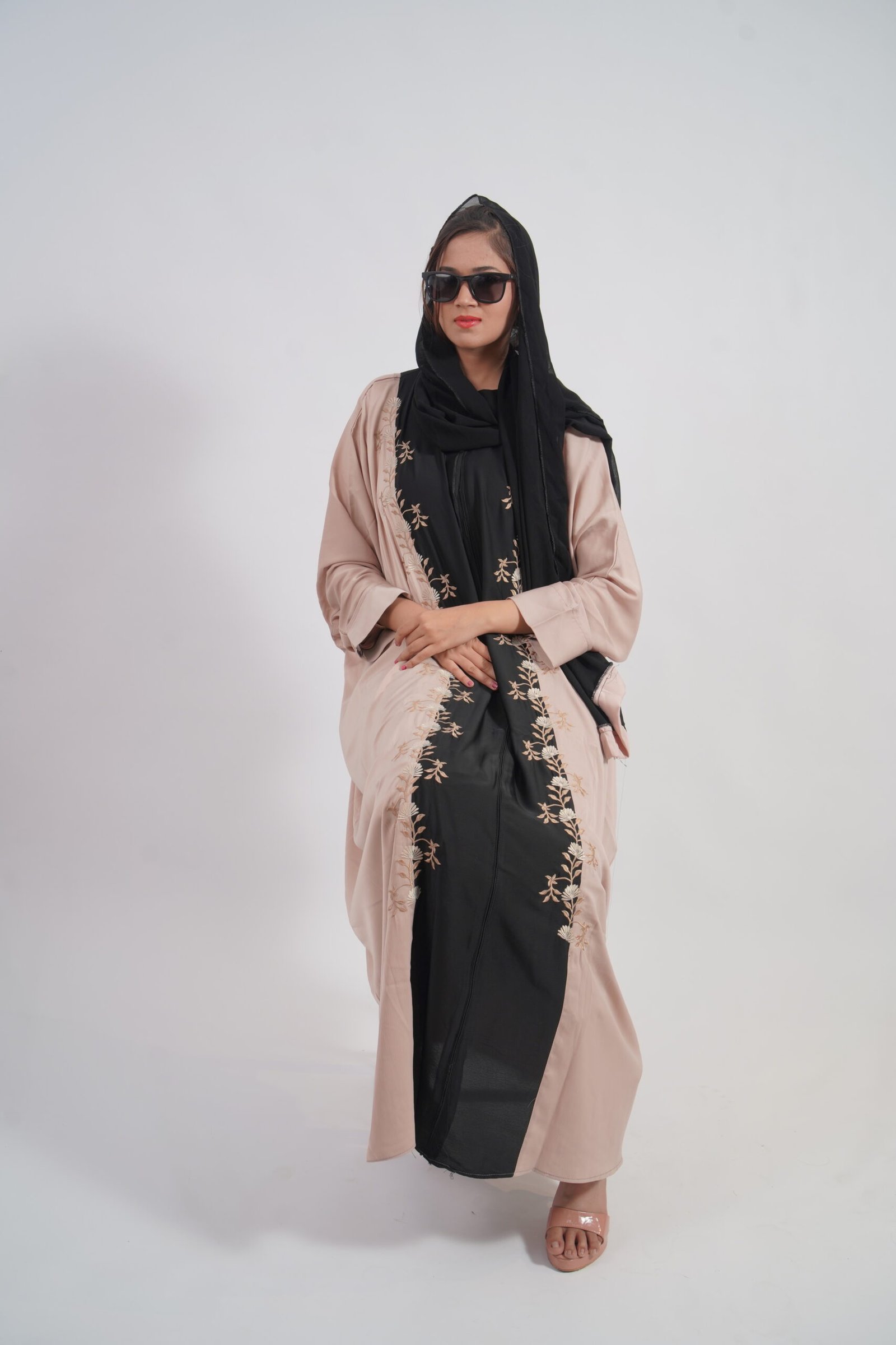 Blush & Black Floral Embroidered Abaya