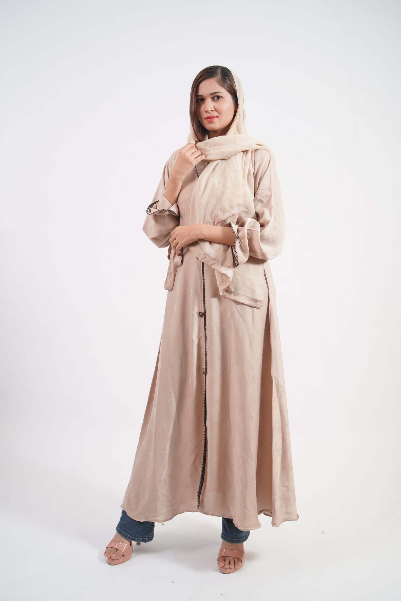 Al Noor Beige Jacquard Border Abaya Set