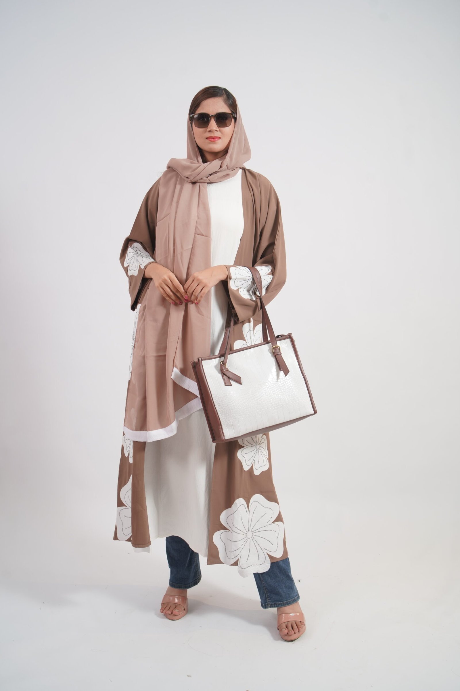 Taupe & White Floral Embroidered Open Abaya
