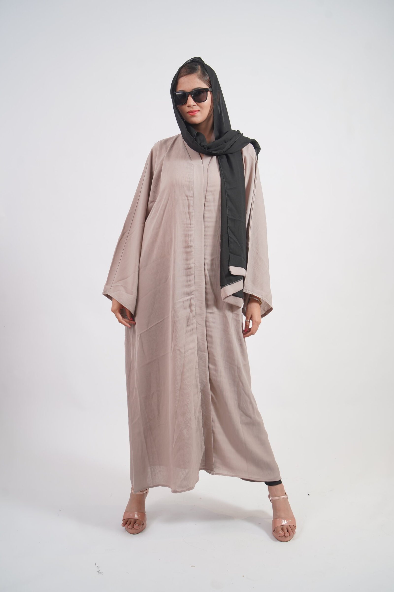 Taupe Textured Abaya with Contrast Black Hijab