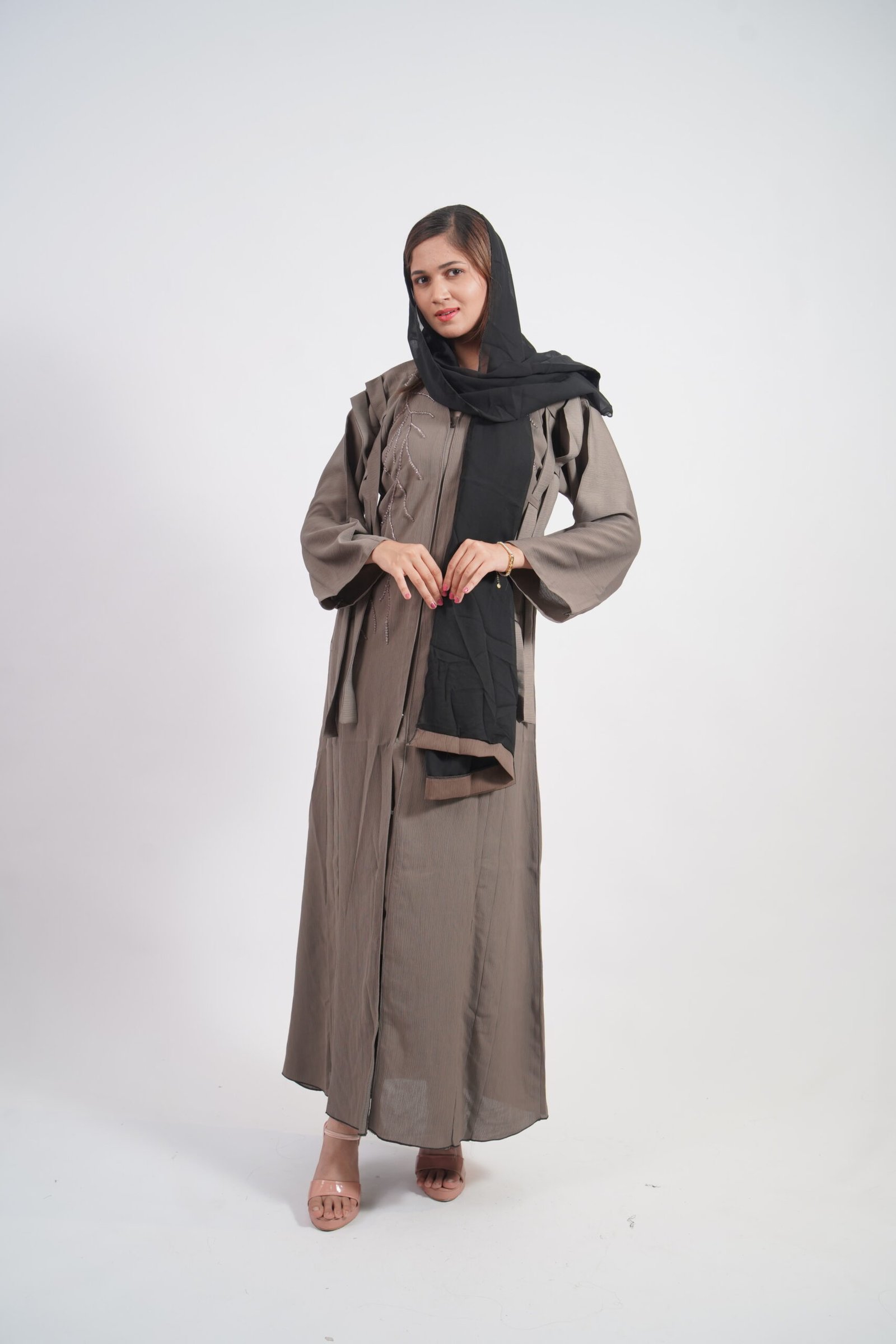 Taupe Textured Embroidered Abaya with Black Hijab - Image 3