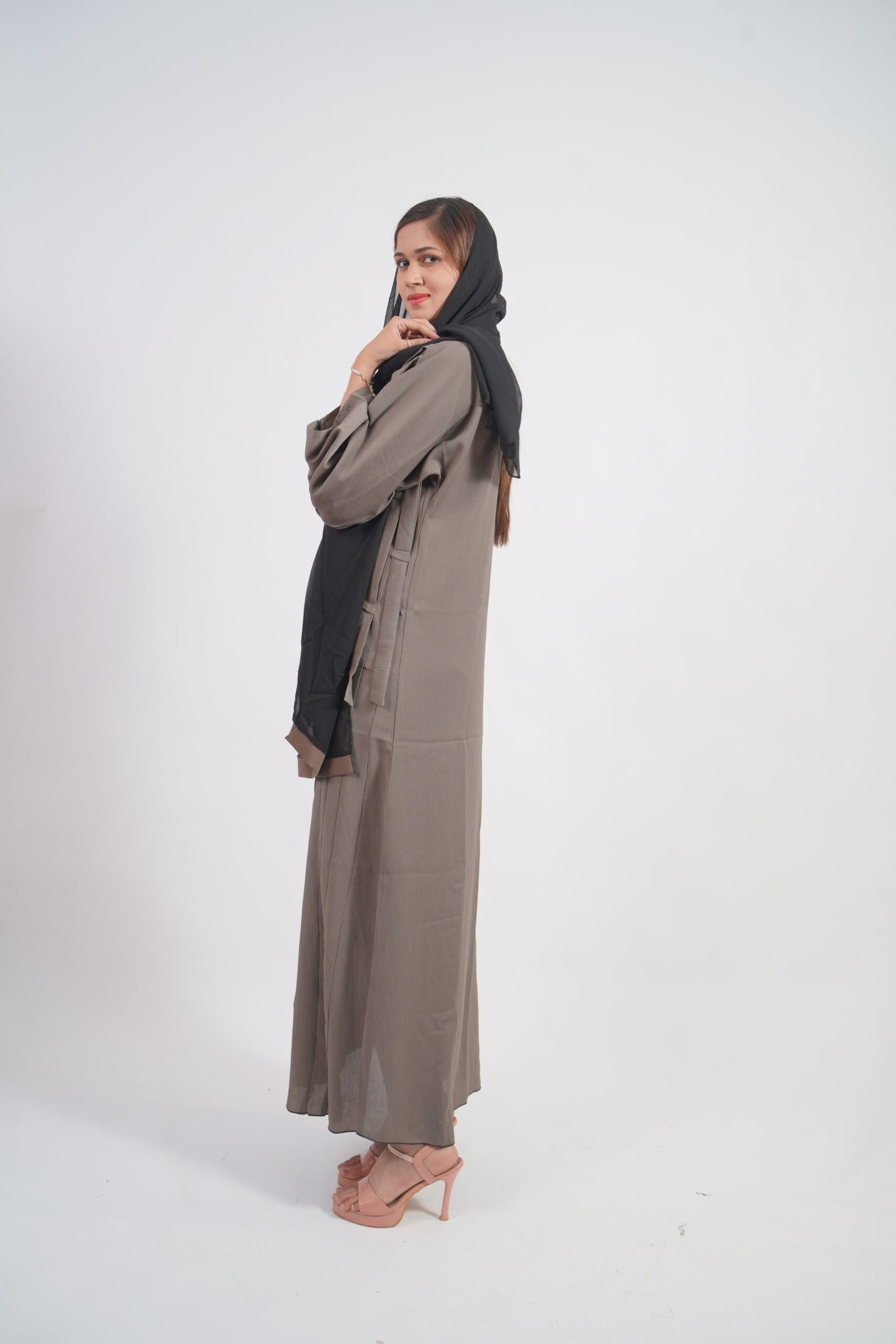 Taupe Textured Embroidered Abaya with Black Hijab - Image 4