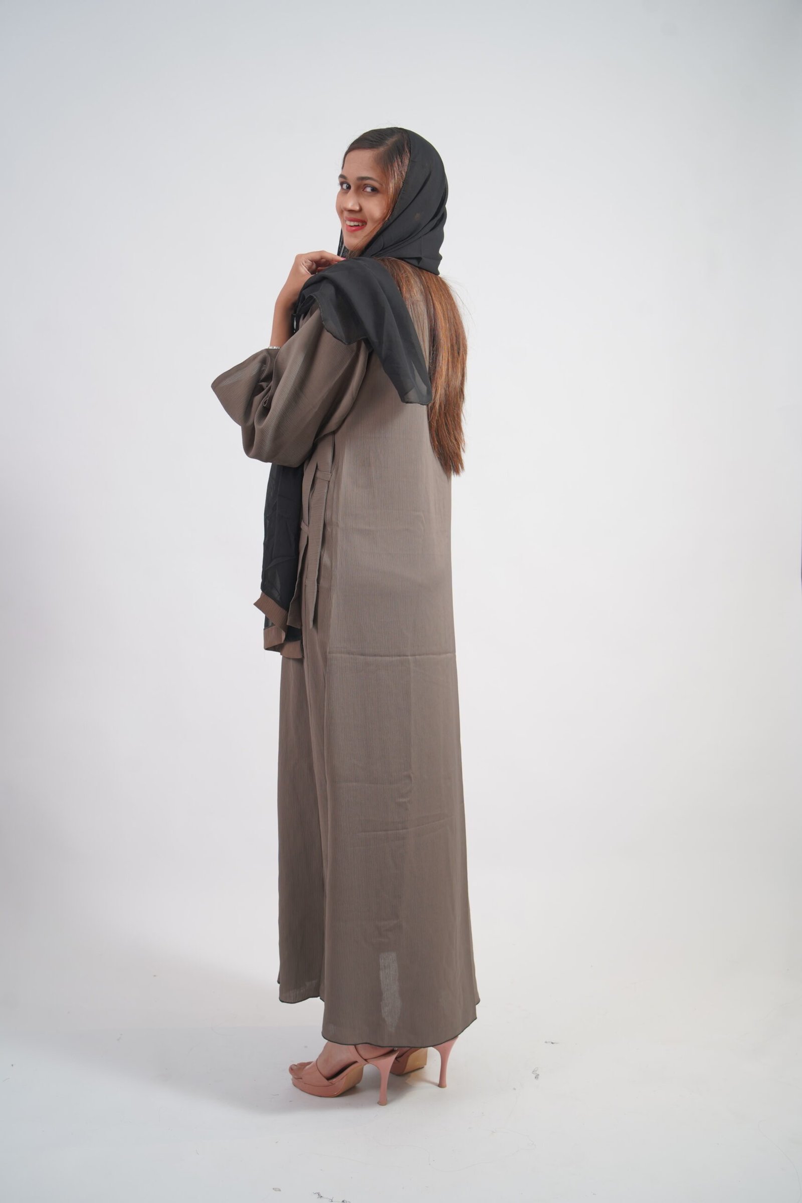 Taupe Textured Embroidered Abaya with Black Hijab - Image 5