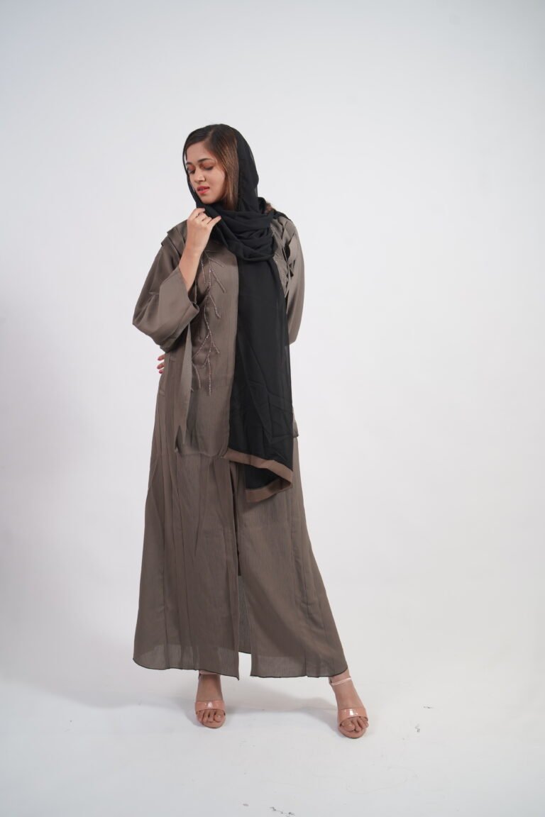 Taupe Textured Embroidered Abaya with Black Hijab
