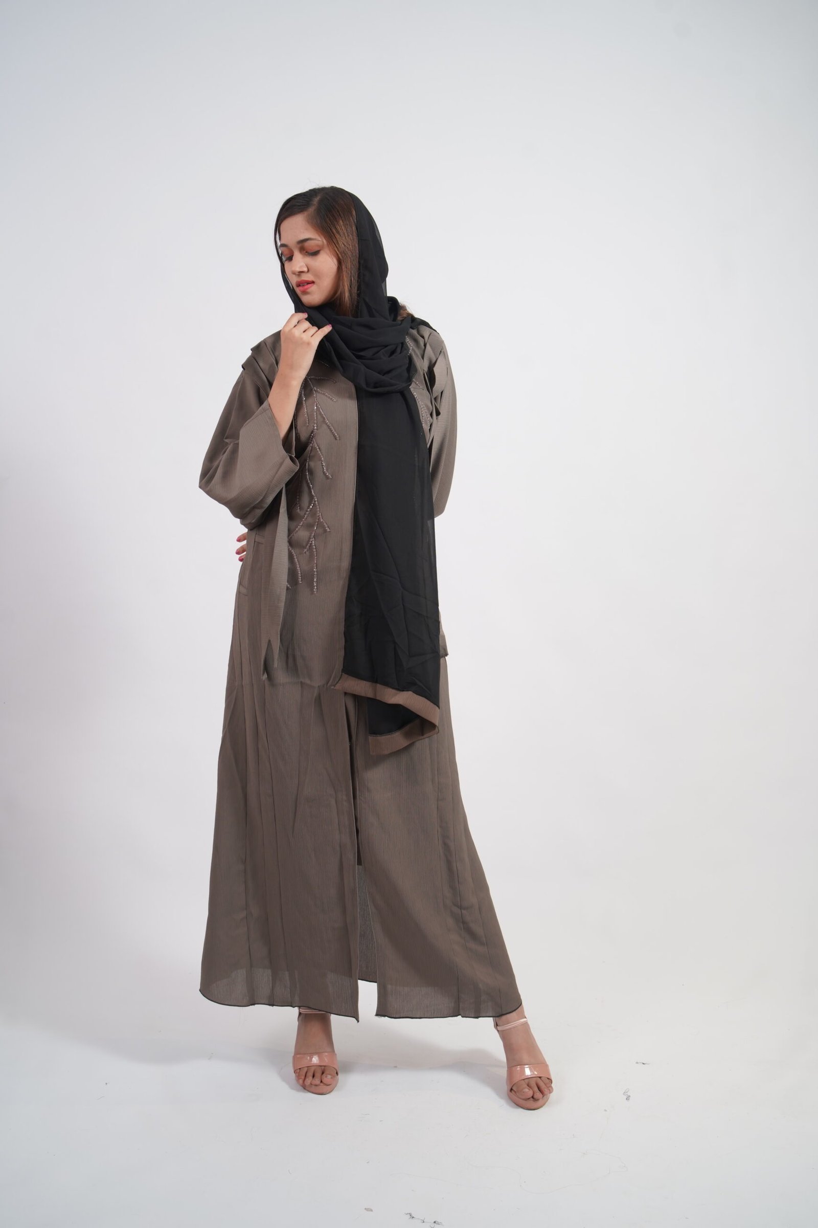 Taupe Textured Embroidered Abaya with Black Hijab