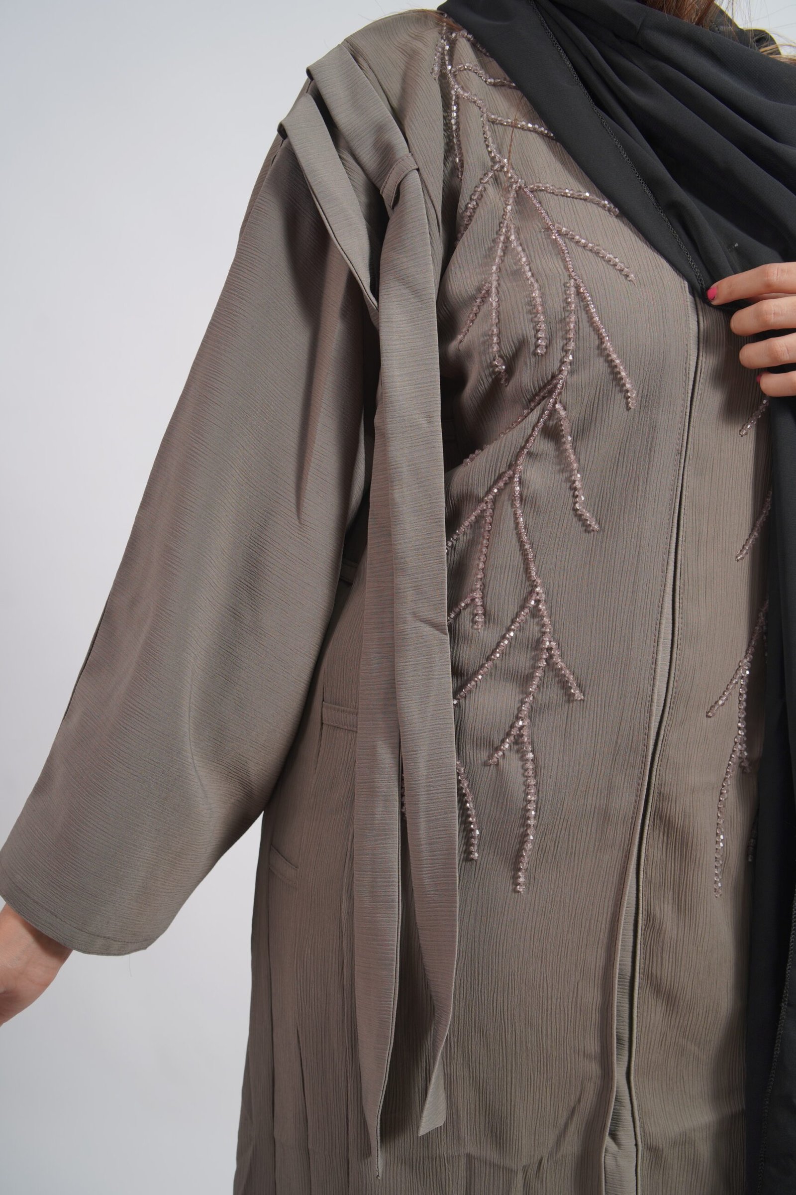 Taupe Textured Embroidered Abaya with Black Hijab - Image 2