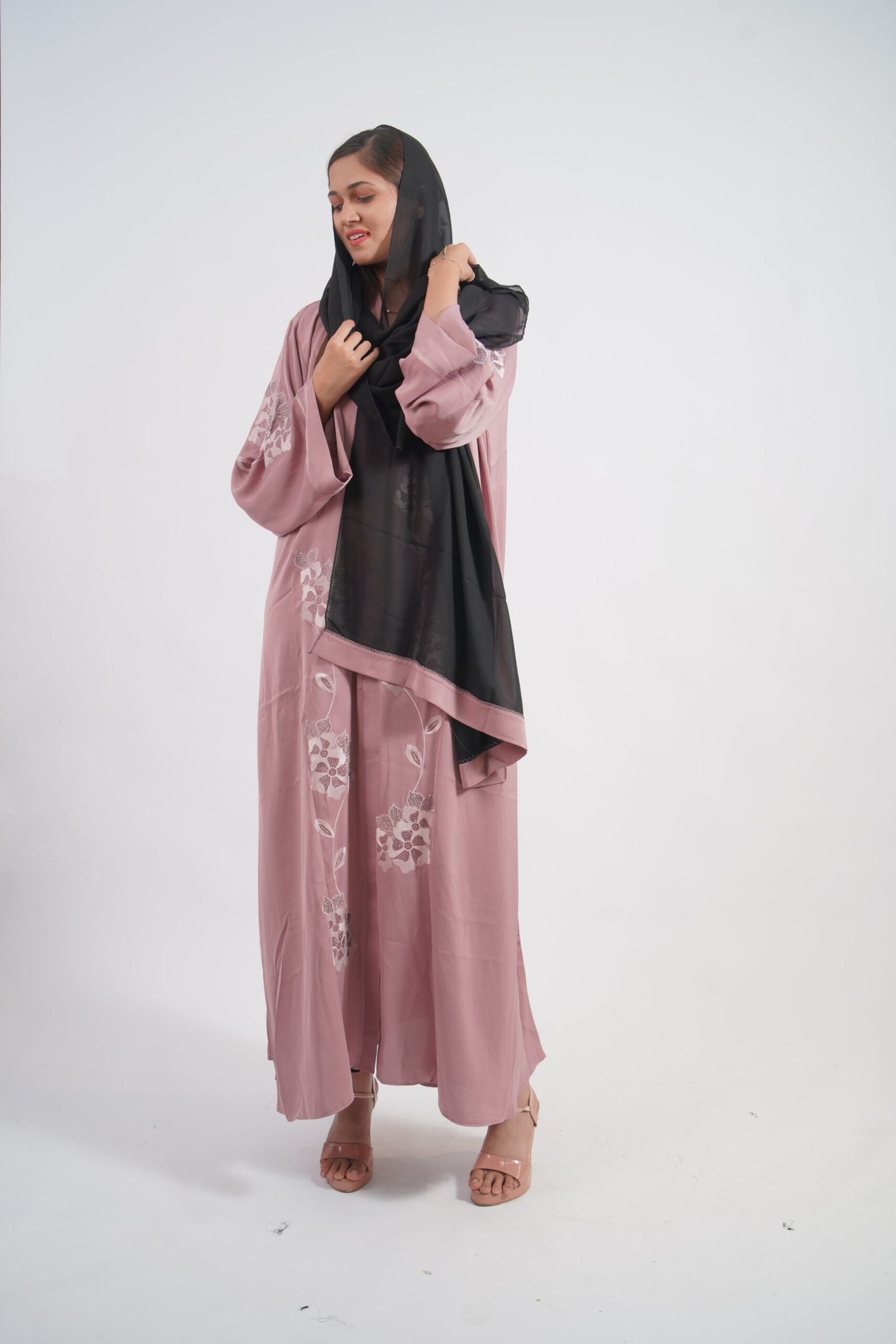 Blush & Black Floral Embroidered Abaya