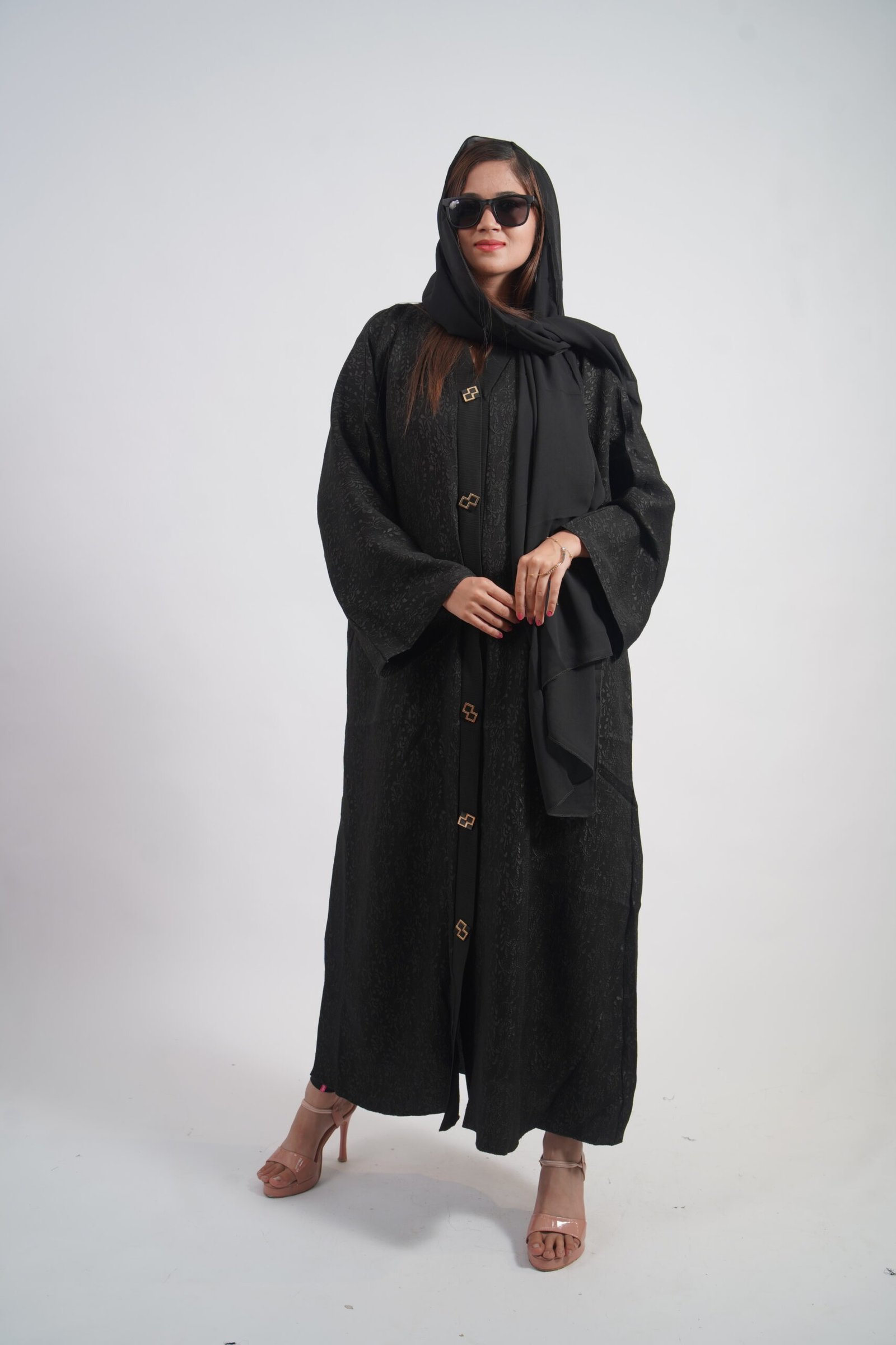 Black Jacquard Gold-Button Abaya Set