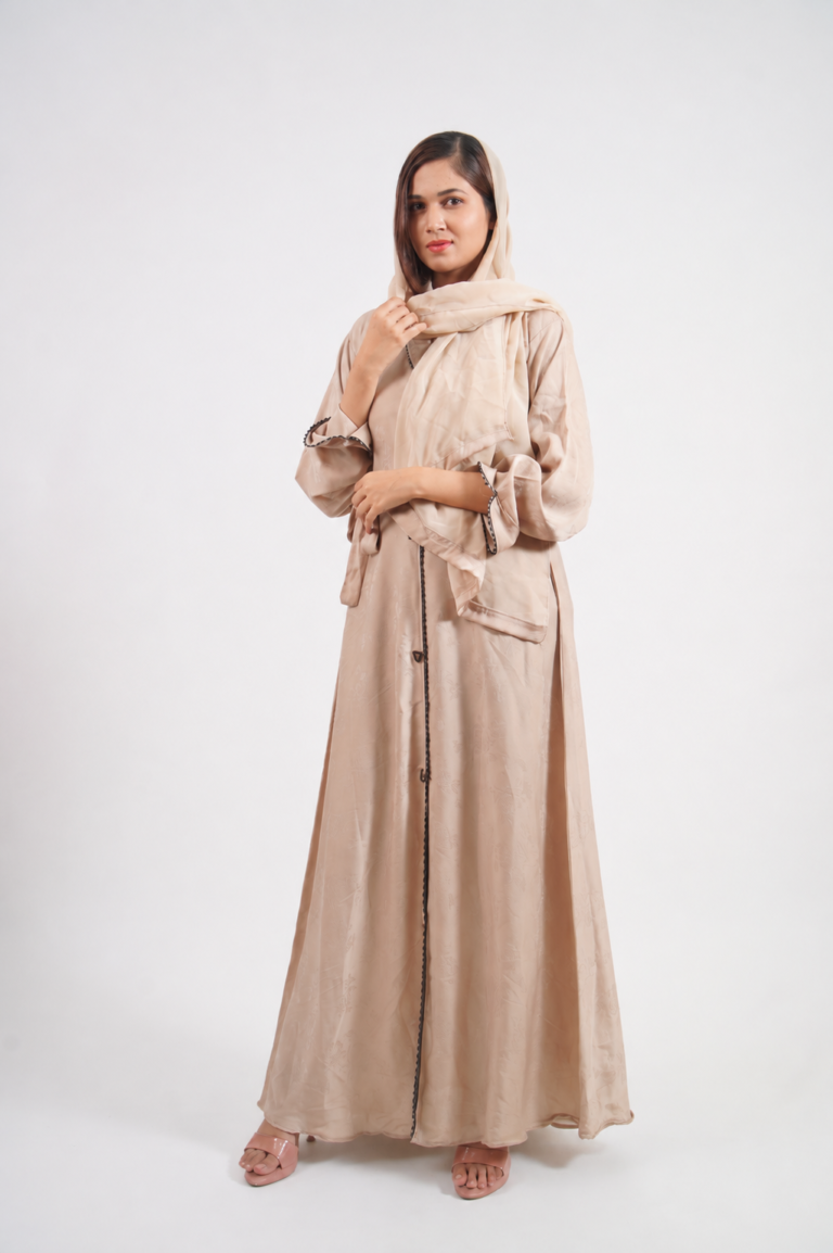 Beige Jacquard Border Abaya Set