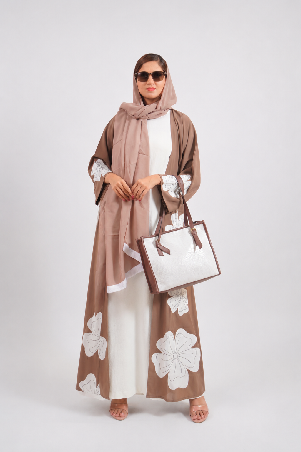 Taupe & White Floral Embroidered Open Abaya