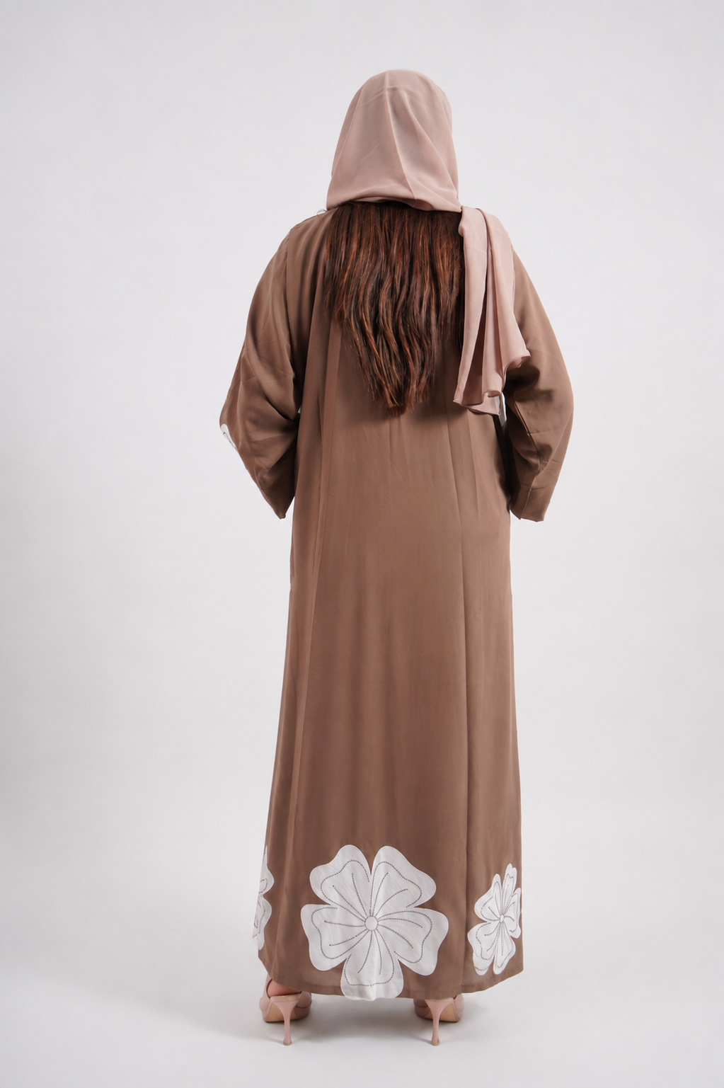 Taupe & White Floral Embroidered Open Abaya - Image 2