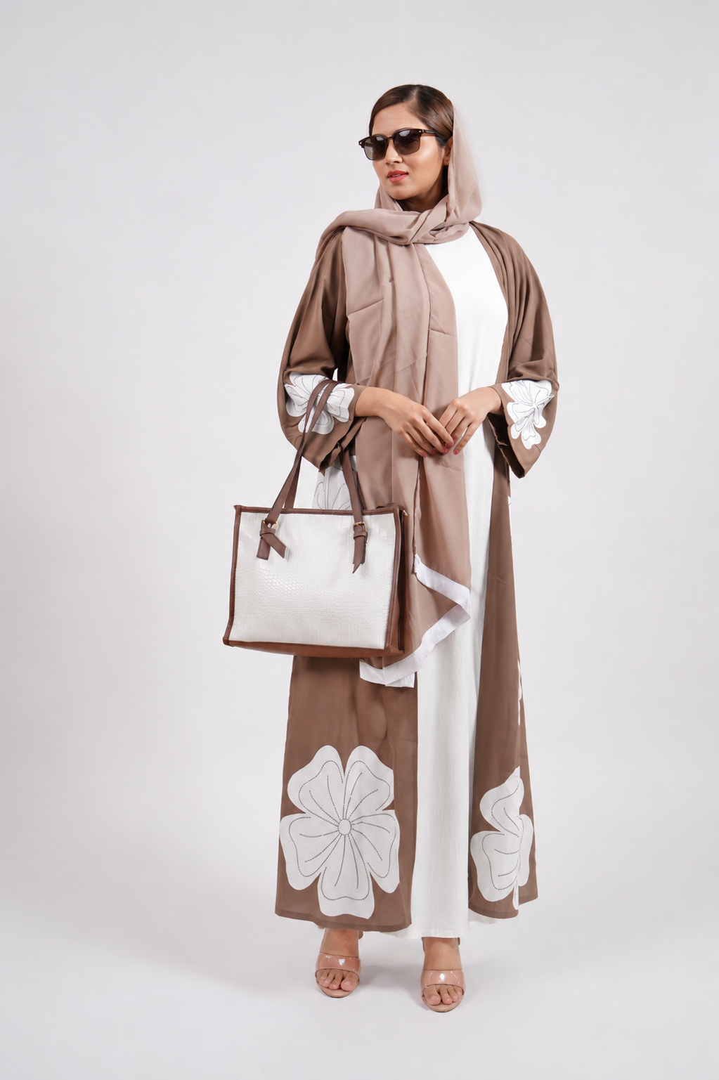 Taupe & White Floral Embroidered Open Abaya - Image 3