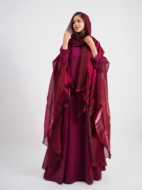 Al Noor Wine Silk Shimmer Cape Abaya Set